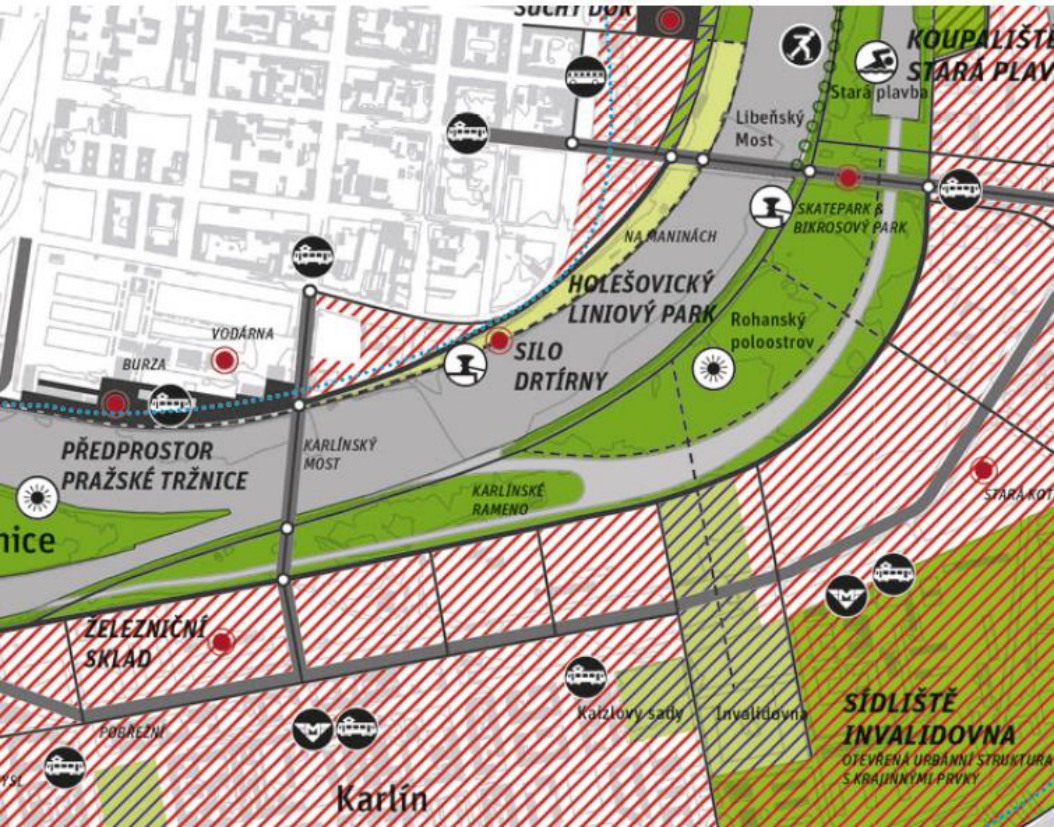 Urbanistické schéma rozvoje území v okolí řeky Vltavy (Holešovice a Karlín). Obsahuje tyto popisky: KOUPALIŠTĚ STARÁ PLAVBA, Libeňský most, SKATEPARK A BIKROVÝ PARK, NA MANINÁCH, HOLEŠOVICKÝ LINIOVÝ PARK, Rohanský poloostrov, SILO DRTÍRNY, VODÁRNA, BURZA, PŘEDPROSTOR PRAŽSKÉ TRŽNICE, KARLÍNSKÝ MOST, KARLÍNSKÉ RAMENO, ŽELEZNIČNÍ SKLAD, POBŘEŽNÍ, Karlín, Kaizlovy sady, Invalidovna, SÍDLIŠTĚ INVALIDOVNA (OTEVŘENÁ URBANISTICKÁ STRUKTURA S KRAJINNÝMI PRVKY). Mapa znázorňuje dopravní uzly (ikony metra, tramvají, autobusů) a různé typy zón (parky, zastavěné plochy, vodní plochy).