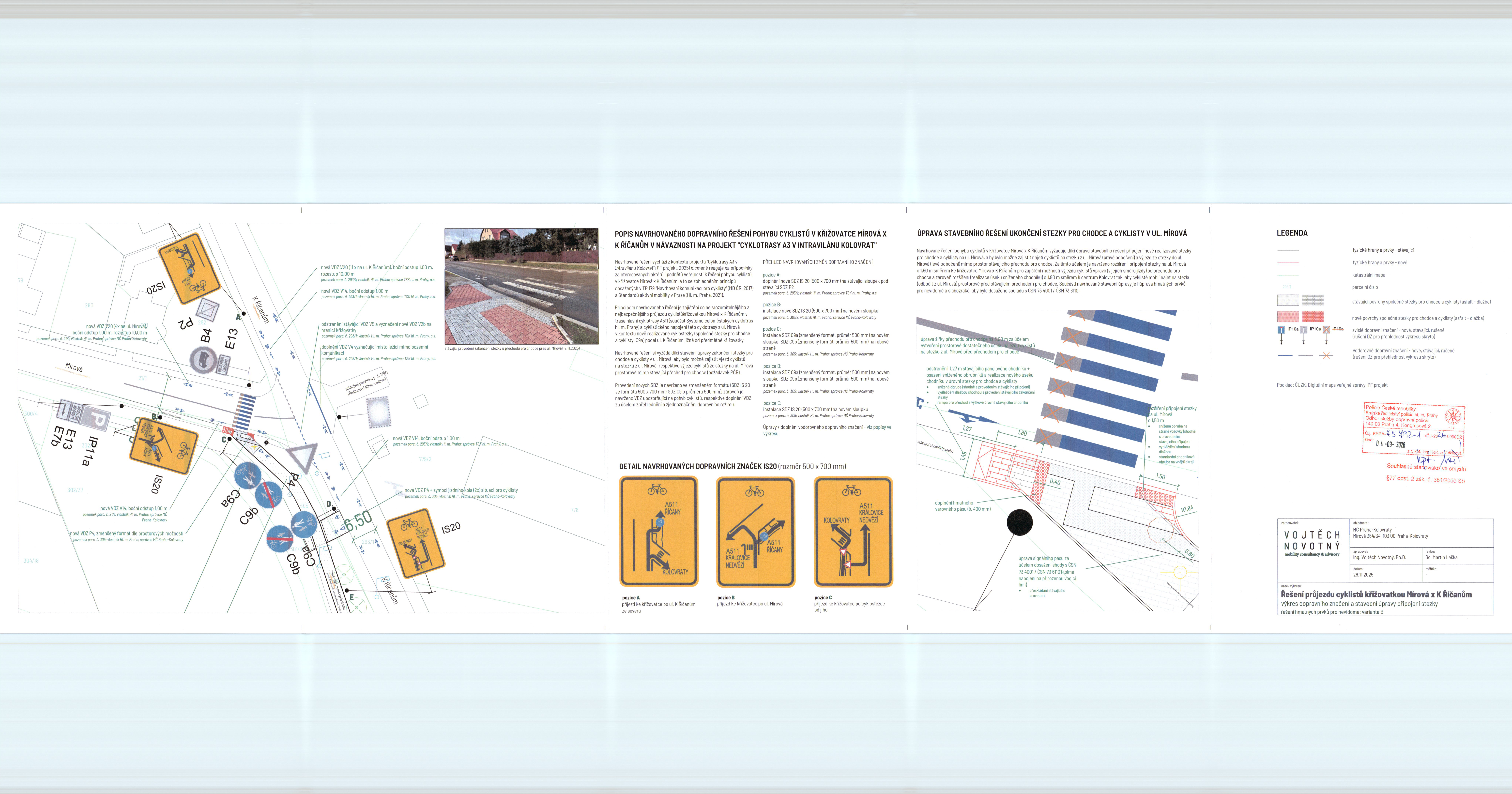 Projektová dokumentace řešení cyklistické stezky a úprav křižovatky v obci Kolovraty, obsahující situační plán a dopravní značení.