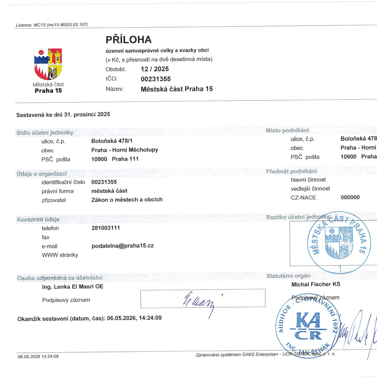 Příloha účetní závěrky územního samosprávného celku Městská část Praha 15 za období 12/2025, sestavená ke dni 31. 12. 2025. Sídlo účetní jednotky: Boloňská 478/1, Praha - Horní Měcholupy, 10900 Praha 111. Identifikační číslo: 00231355. Právní forma: městská část. Zřizovatel: Zákon o městech a obcích. Kontakt: telefon 281003111, e-mail podatelna@praha15.cz. Osoba odpovědná za účetnictví: Ing. Lenka El Masri OE. Statutární orgán: Michal Fischer KS. Okamžik sestavení: 06.05.2026, 14:24:09.