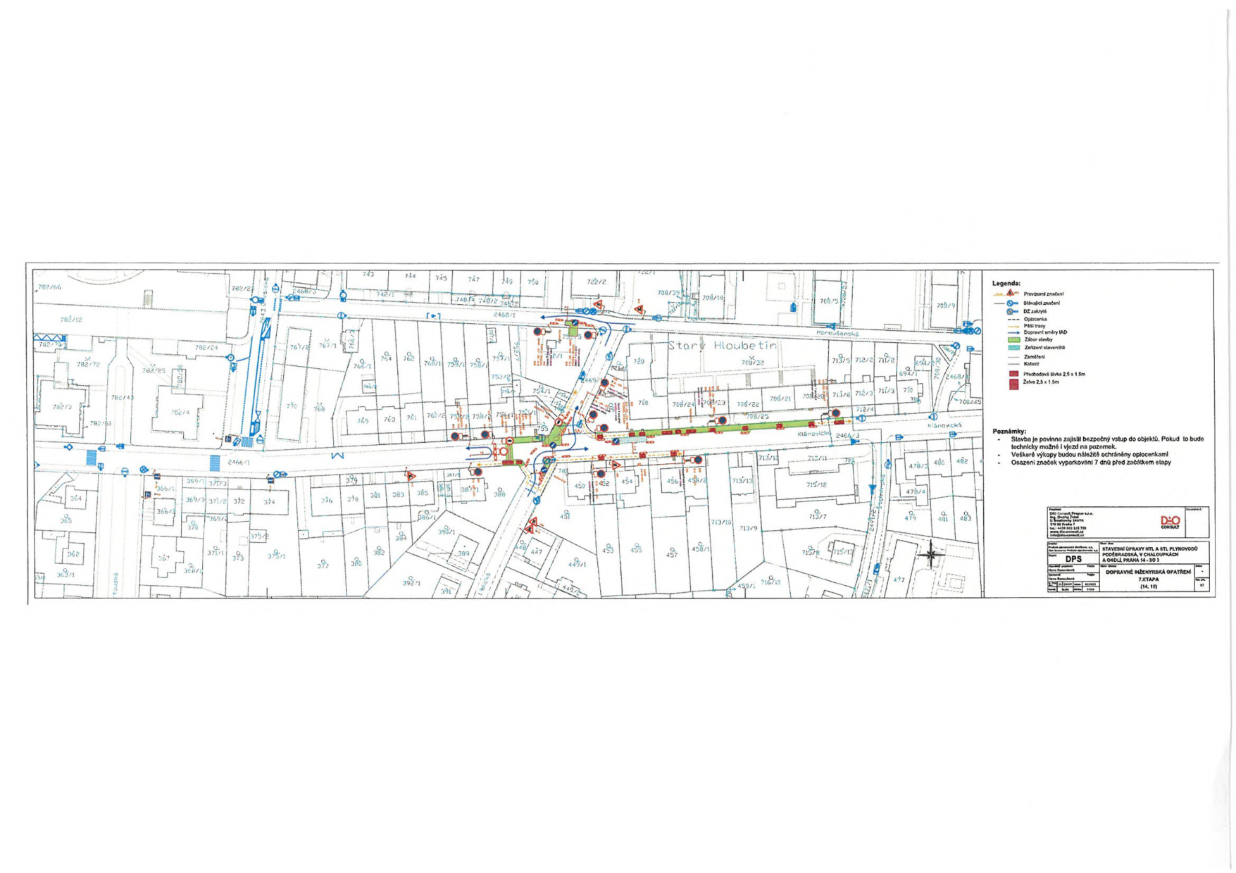 Koordinační situace dopravně inženýrských opatření pro stavbu v lokalitě Starý Hloubětín.