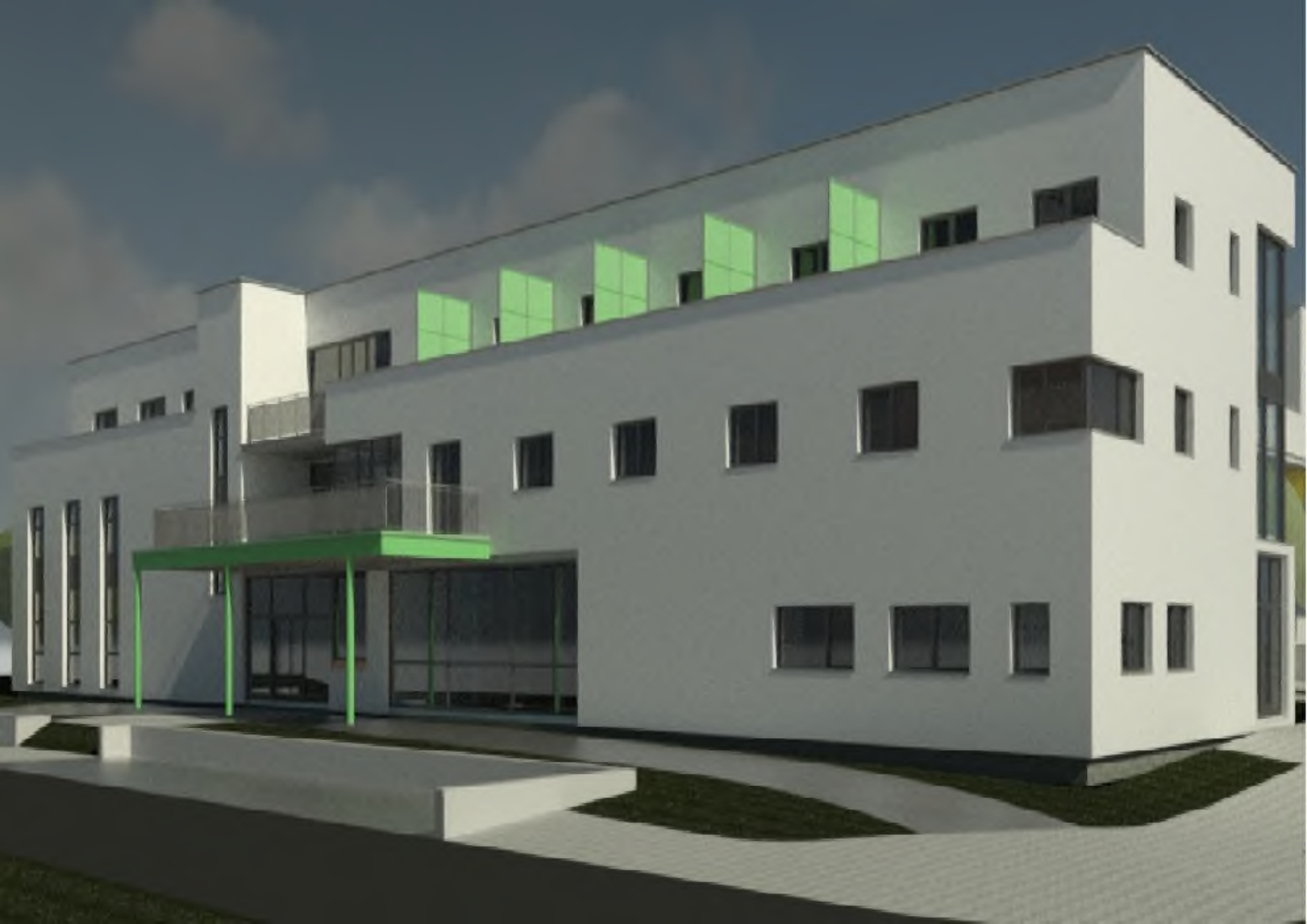 Vizualizace projektu budovy s bílou fasádou, zelenými prvky na balkonech a vstupním přístřešku, proskleným přízemím a moderním architektonickým řešením.