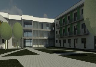 Vizualizace projektu moderní budovy s proskleným atriem a přilehlým křídlem s balkony a zelenými prvky na fasádě, v popředí je upravený venkovní prostor s chod…