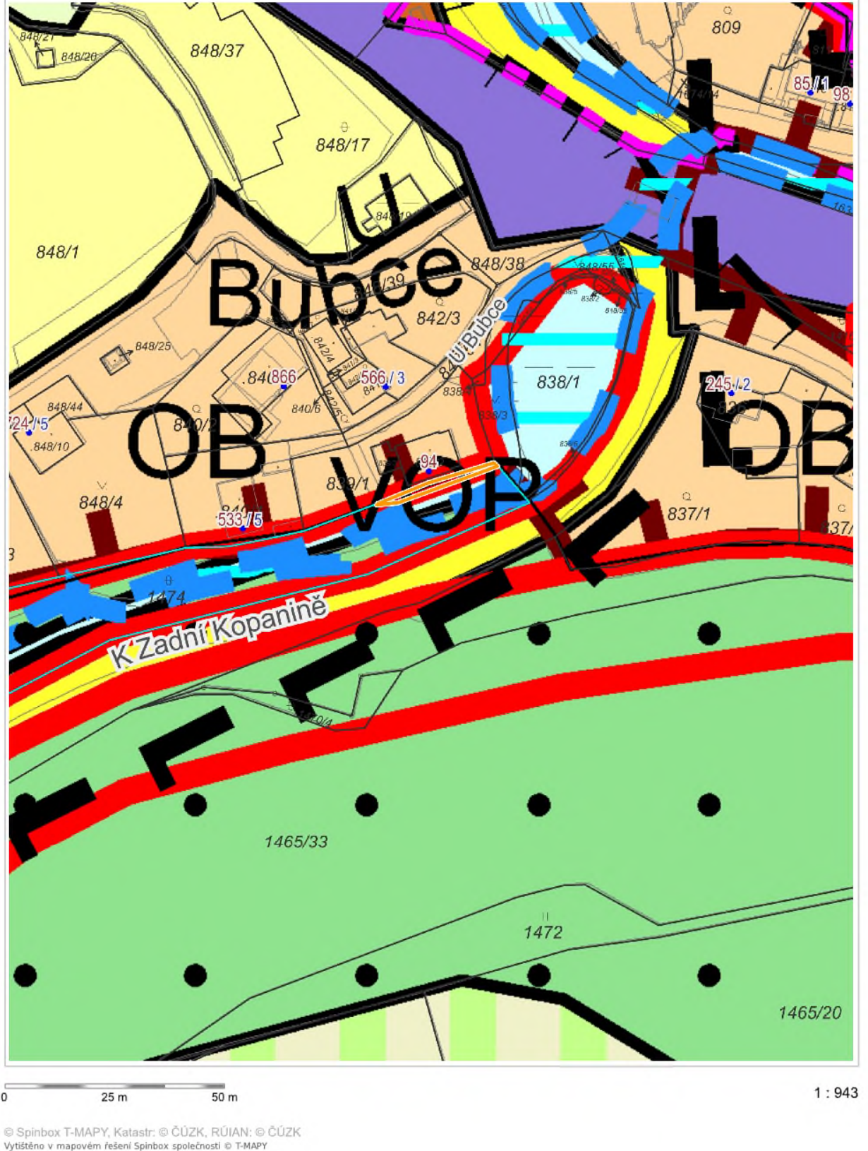 Výřez z územního plánu s katastrální mapou v oblasti Bubče a K Zadní Kopanině.