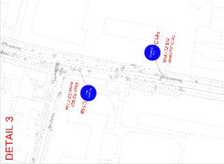 DETAIL 3, situační nákres dopravního značení v ulicích Beranových a Boletická. Vyznačena místa pro osazení DZ C14a a DZ B32 (modré kruhové značky 'Neobjížděj B…
