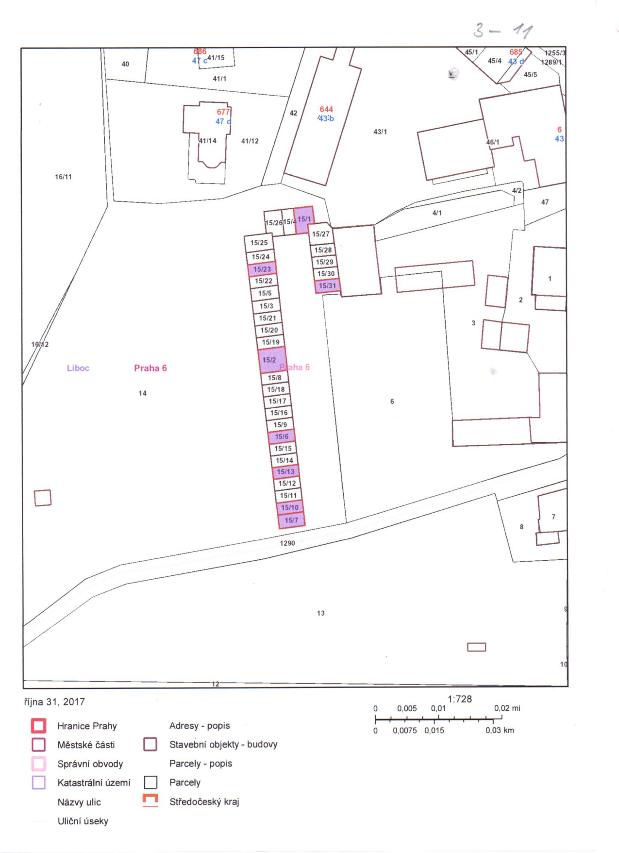 Katastrální mapa oblasti v Praze 6 - Liboc, datovaná k 31. říjnu 2017. Mapa zobrazuje parcely s čísly (např. 15/1, 15/2, 15/25, 41/1, 43/1, 45/1, 45/4, 45/5, 1255/3, 1289/1) a budovy s popisnými čísly (např. 677, 644, 685, 686). Obsahuje legendu s vysvětlivkami: Hranice Prahy, Městské části, Správní obvody, Katastrální území, Názvy ulic, Uliční úseky, Adresy - popis, Stavební objekty - budovy, Parcely - popis, Parcely, Středočeský kraj. Měřítko mapy je 1:728.