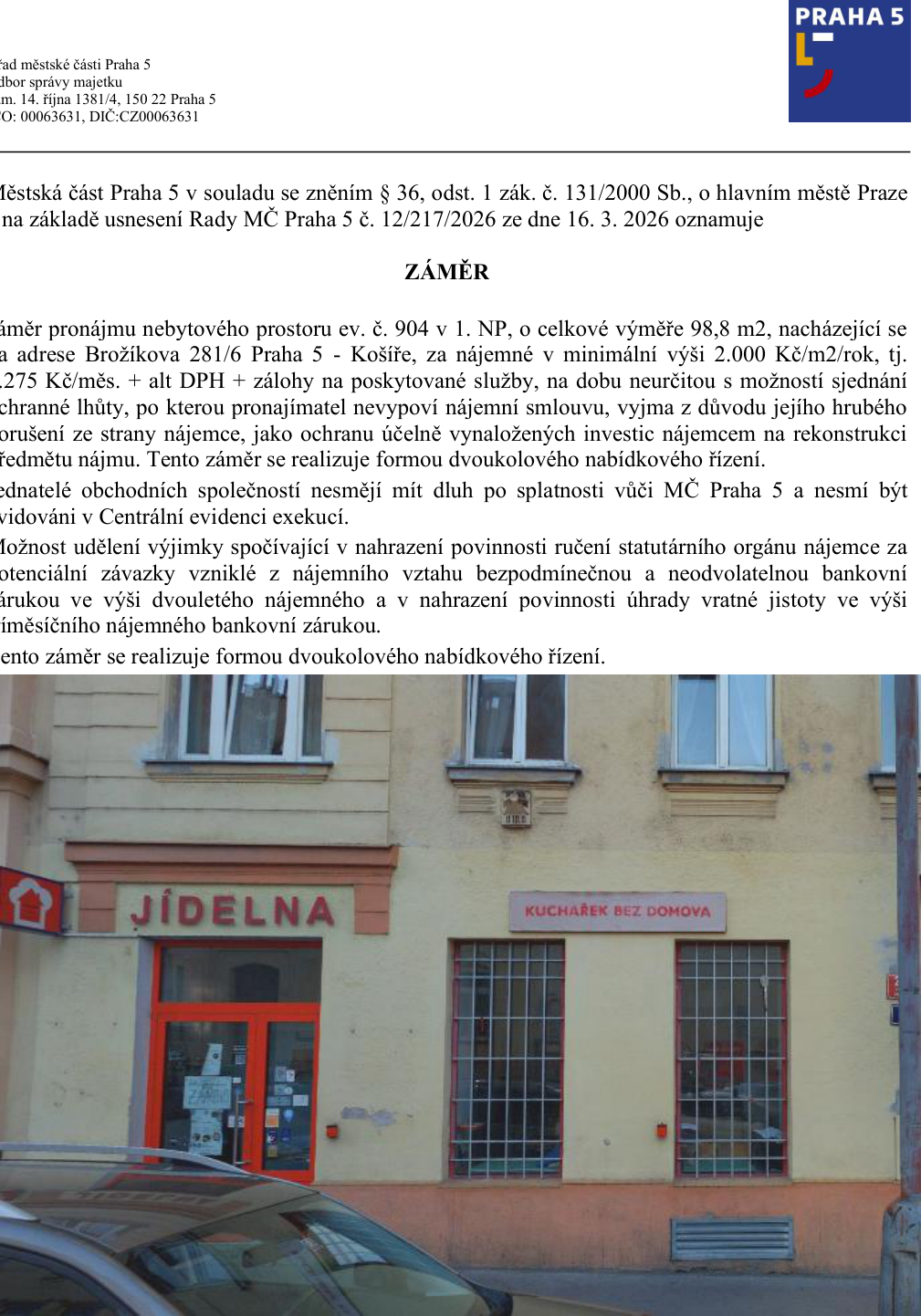 Fotografie nebytového prostoru (jídelny) v ulici Brožíkova 281/6, Praha 5.