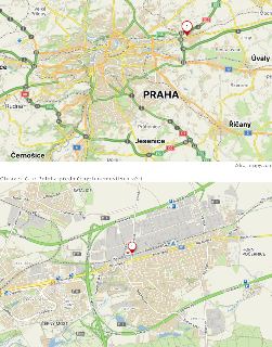 Obrázek obsahuje dvě mapy znázorňující polohu nemovitých věcí. Horní mapa zobrazuje širší okolí Prahy s vyznačeným bodem 1 v oblasti Horních Počernic. Dolní ma…