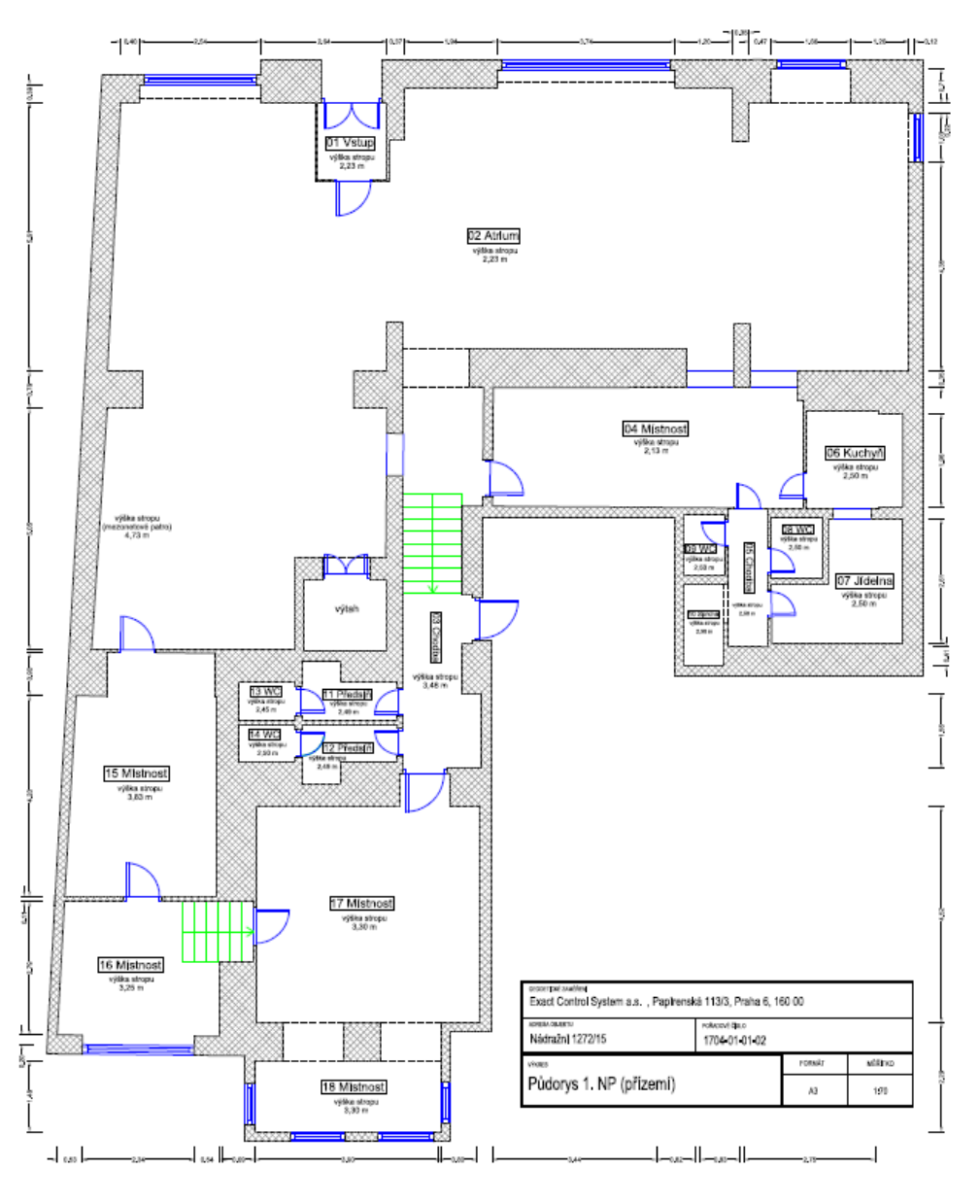 Půdorys 1. NP (přízemí) objektu na adrese Nádražní 1272/15. Projektant/zadavatel: Exact Control System a.s., Papírenská 113/3, Praha 6, 160 00. Pořadové číslo: 1704-01-01-02. Formát: A3, měřítko: 1:50. Místnosti: 01 Vstup (výška stropu 2,23 m), 02 Atrium (výška stropu 2,23 m), 04 Místnost (výška stropu 2,13 m), 06 Kuchyň (výška stropu 2,50 m), 07 Jídelna (výška stropu 2,50 m), 08 WC (výška stropu 2,50 m), 09 WC (výška stropu 2,50 m), 10 Zázemí (výška stropu 2,50 m), 11 Předsíň (výška stropu 2,49 m), 12 Předsíň (výška stropu 2,49 m), 13 WC (výška stropu 2,45 m), 14 WC (výška stropu 2,50 m), 15 Místnost (výška stropu 3,83 m), 16 Místnost (výška stropu 3,25 m), 17 Místnost (výška stropu 3,30 m), 18 Místnost (výška stropu 3,30 m), 23 Chodba (výška stropu 3,48 m), 15 Chodba (výška stropu 2,50 m). Obsahuje také výtah a schodiště, u levé části je uvedena výška stropu mezonetového patra 4,73 m.