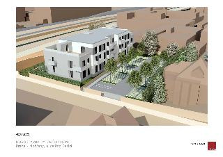 Vizualizace projektu novostavby bytového domu v Praze - Modřanech, ulice Pod Belárií. Obrázek zobrazuje architektonický návrh budovy s přilehlým parkovištěm a…
