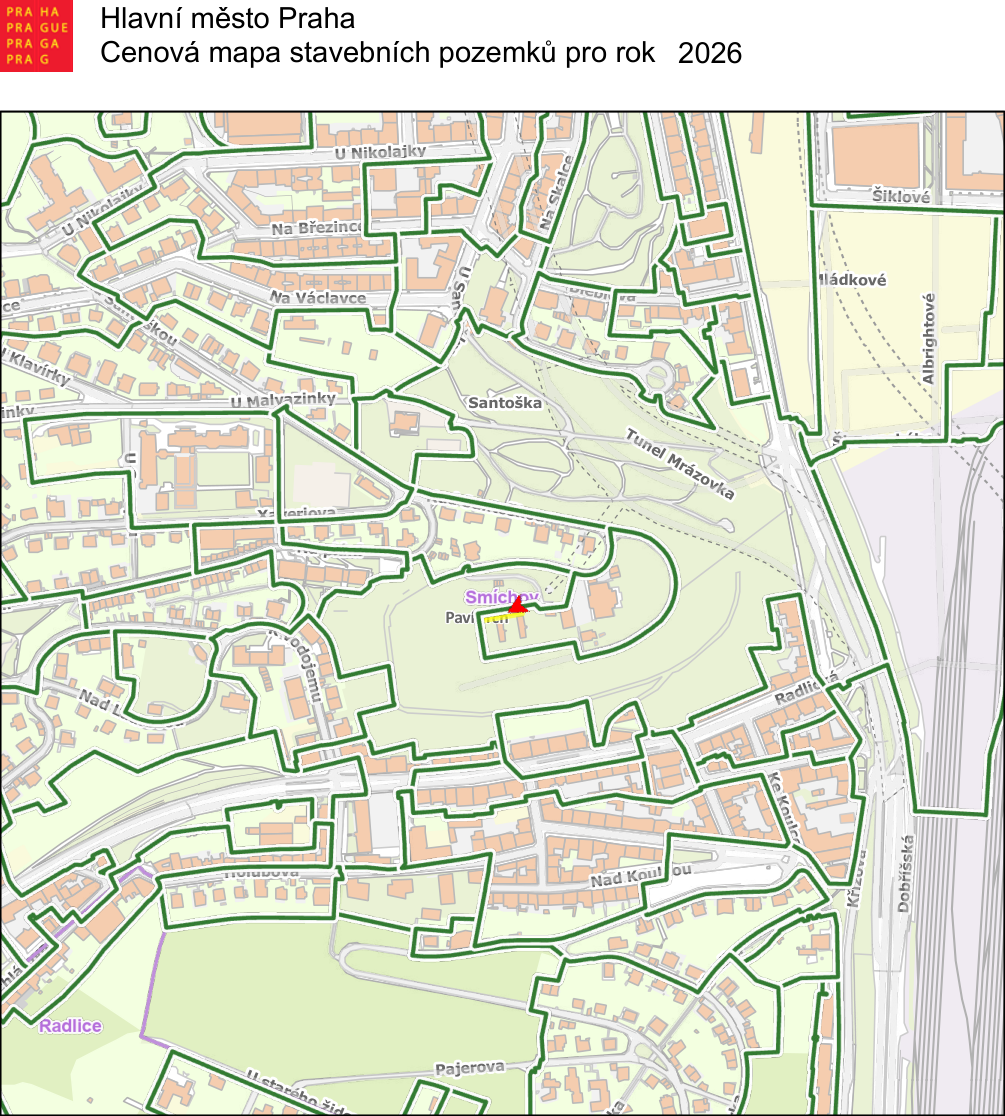 Hlavní město Praha, Cenová mapa stavebních pozemků pro rok 2026. Mapa zobrazuje oblast v Praze (Smíchov/Radlice) s vyznačenými ulicemi: U Nikolajky, Na Březince, Na Václavce, U Sanatoria, Na Skalce, Šiklové, Iládkové, Albrightové, Klavírky, U Malvazinky, Santoška, Tunel Mrázovka, Nad Laurovou, Vodojemu, Smíchov, Radlická, Ke Koulce, Nad Koulkou, Křížová, Dobříšská, Pajerova, U starého židovského hřbitova, Radlice.