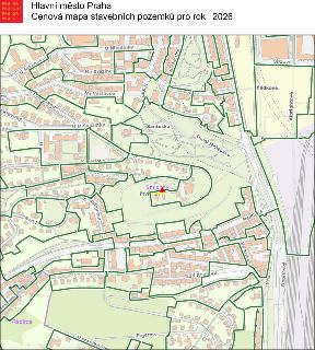 Hlavní město Praha, Cenová mapa stavebních pozemků pro rok 2026. Mapa zobrazuje oblast v Praze (Smíchov/Radlice) s vyznačenými ulicemi: U Nikolajky, Na Březinc…