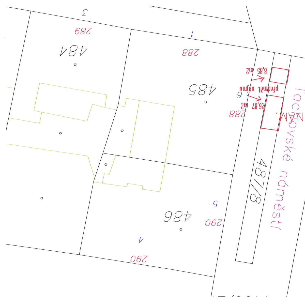Katastrální mapa s vyznačeným předmětem nájmu v rámci parcely č. 485.