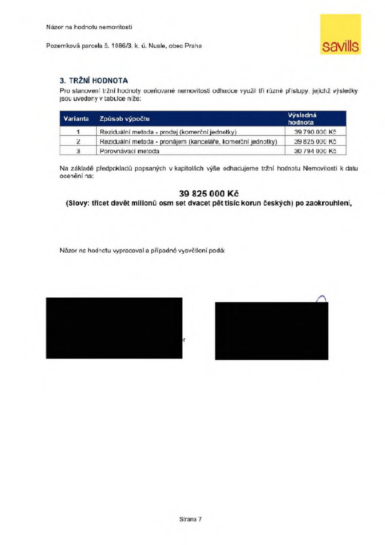 Dokument 'Názor na hodnotu nemovitosti' pro pozemkovou parcelu č. 1086/3, k. ú. Nusle, obec Praha. Obsahuje tabulku s tržní hodnotou: 1. Reziduální metoda - prodej (komerční jednotky): 39 790 000 Kč, 2. Reziduální metoda - pronájem (kanceláře, komerční jednotky): 39 825 000 Kč, 3. Porovnávací metoda: 30 794 000 Kč. Odhadovaná tržní hodnota nemovitosti je stanovena na 39 825 000 Kč (třicet devět milionů osm set dvacet pět tisíc korun českých).