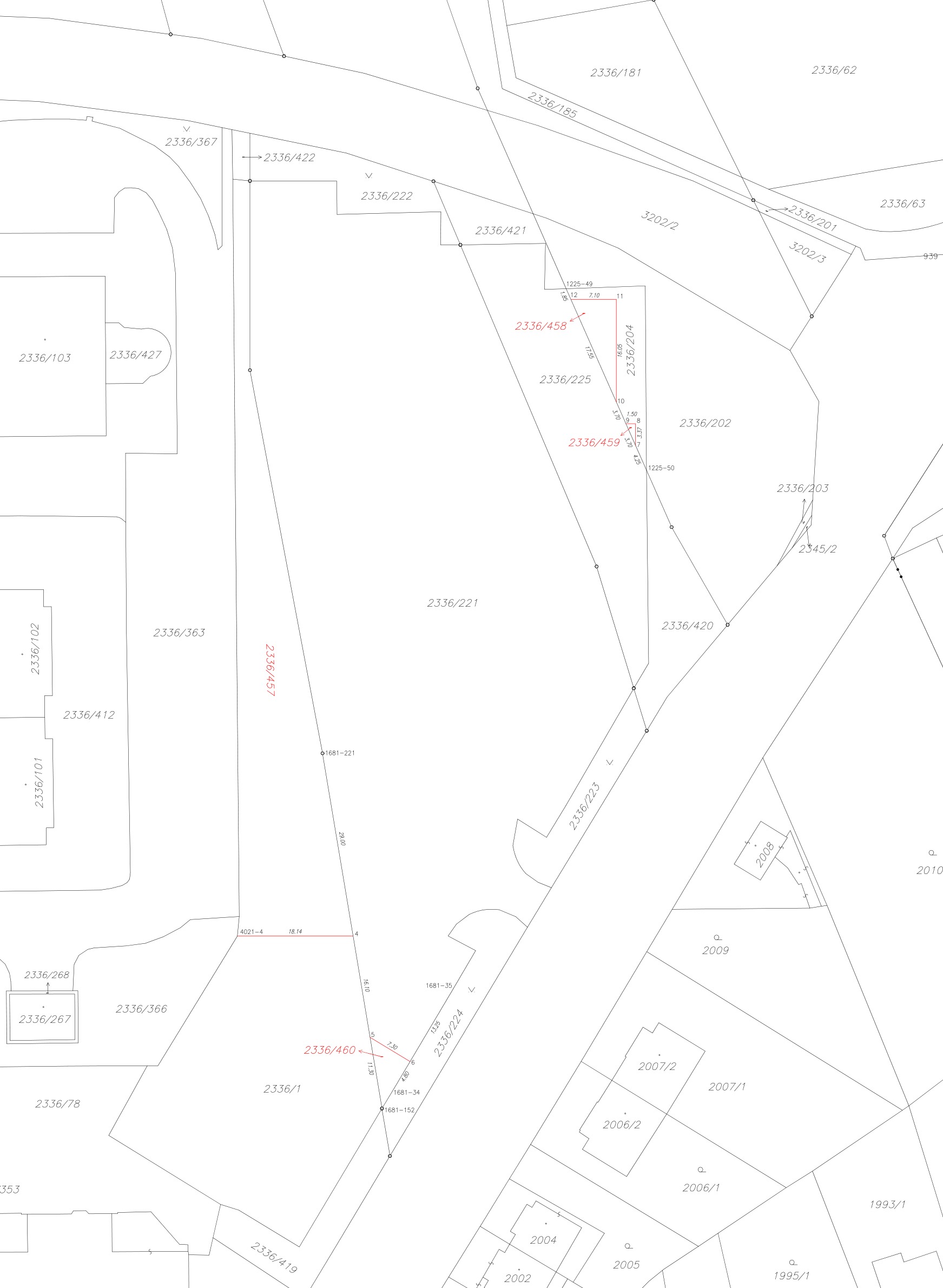 Katastrální mapa území s vyznačenými parcelami a geometrickým plánem.