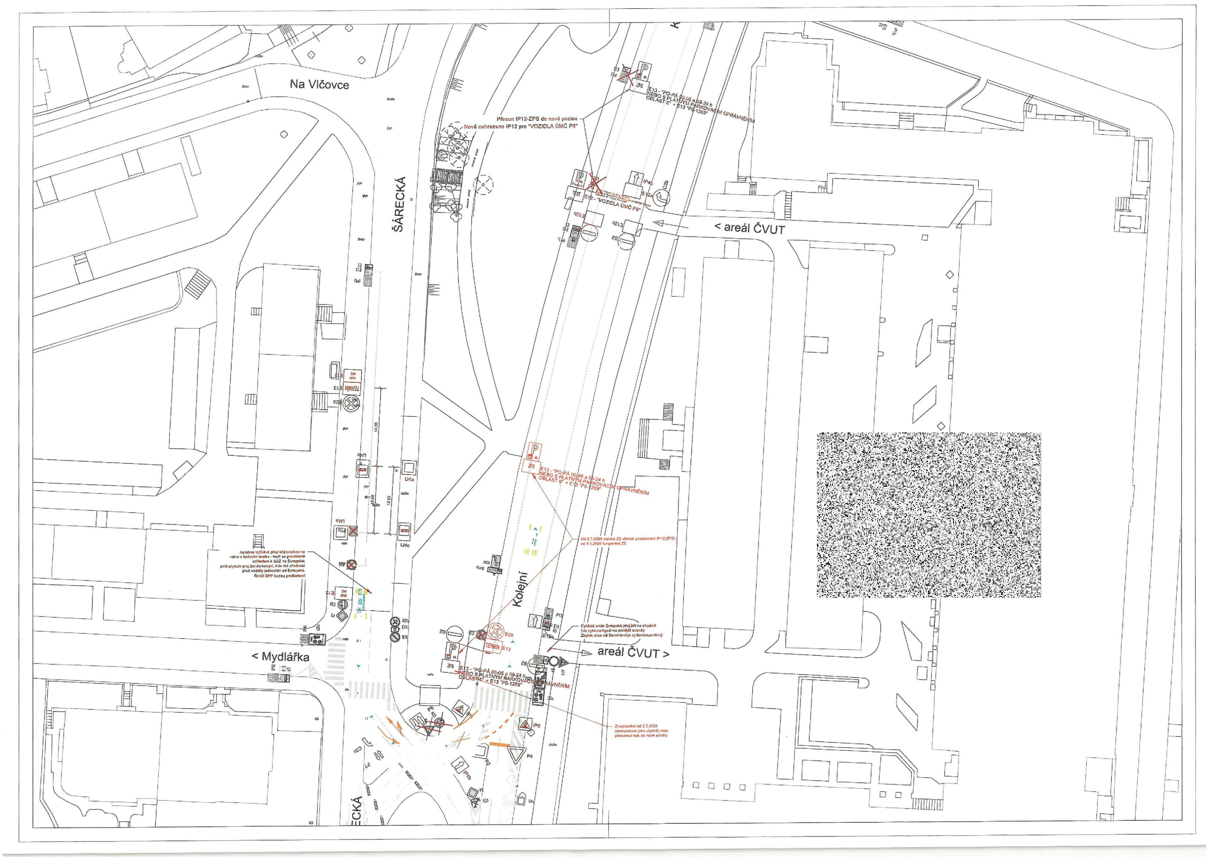 Koordinační výkres dopravního značení v ulicích Šárecká a Kolejní u areálu ČVUT.