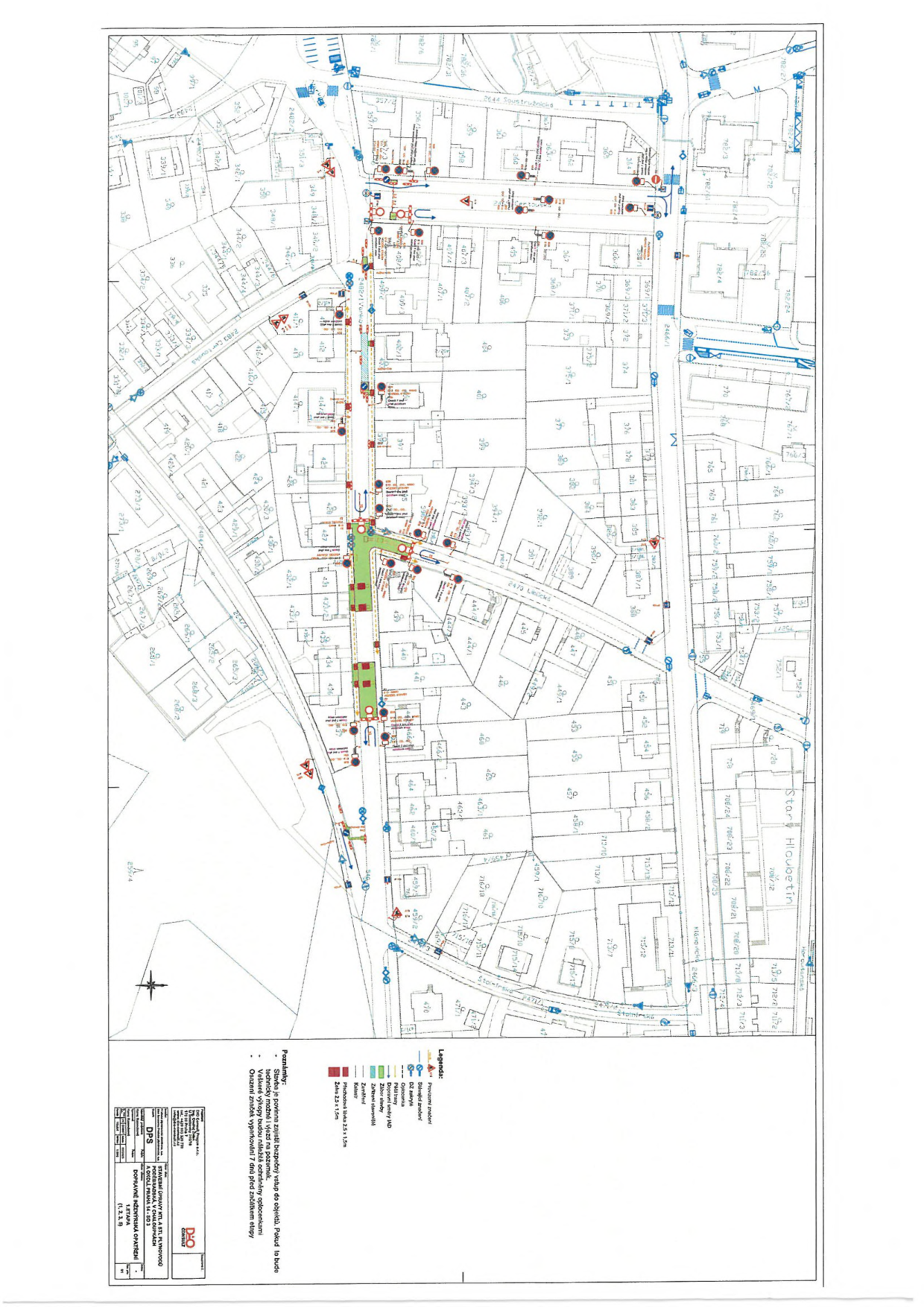 Koordinační situační výkres dopravního značení a uzavírky pro stavbu v lokalitě Starý Hloubětín.