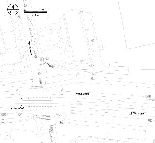 Situační plán/mapa ulice Střelničná a Čumpelíkova s měřítkem 1:860 a měřítkem v metrech (0-25 m), kompasovým symbolem směru S JTSK.