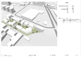 Architektonická studie 'BYTOVÝ PARK MICHLE', datum 07/2025, výkres č. 08 (Axonometrie). Zpracovatel: FACT s.r.o., Podolská 401/50, 147 00 Praha 4, ČR. Technick…