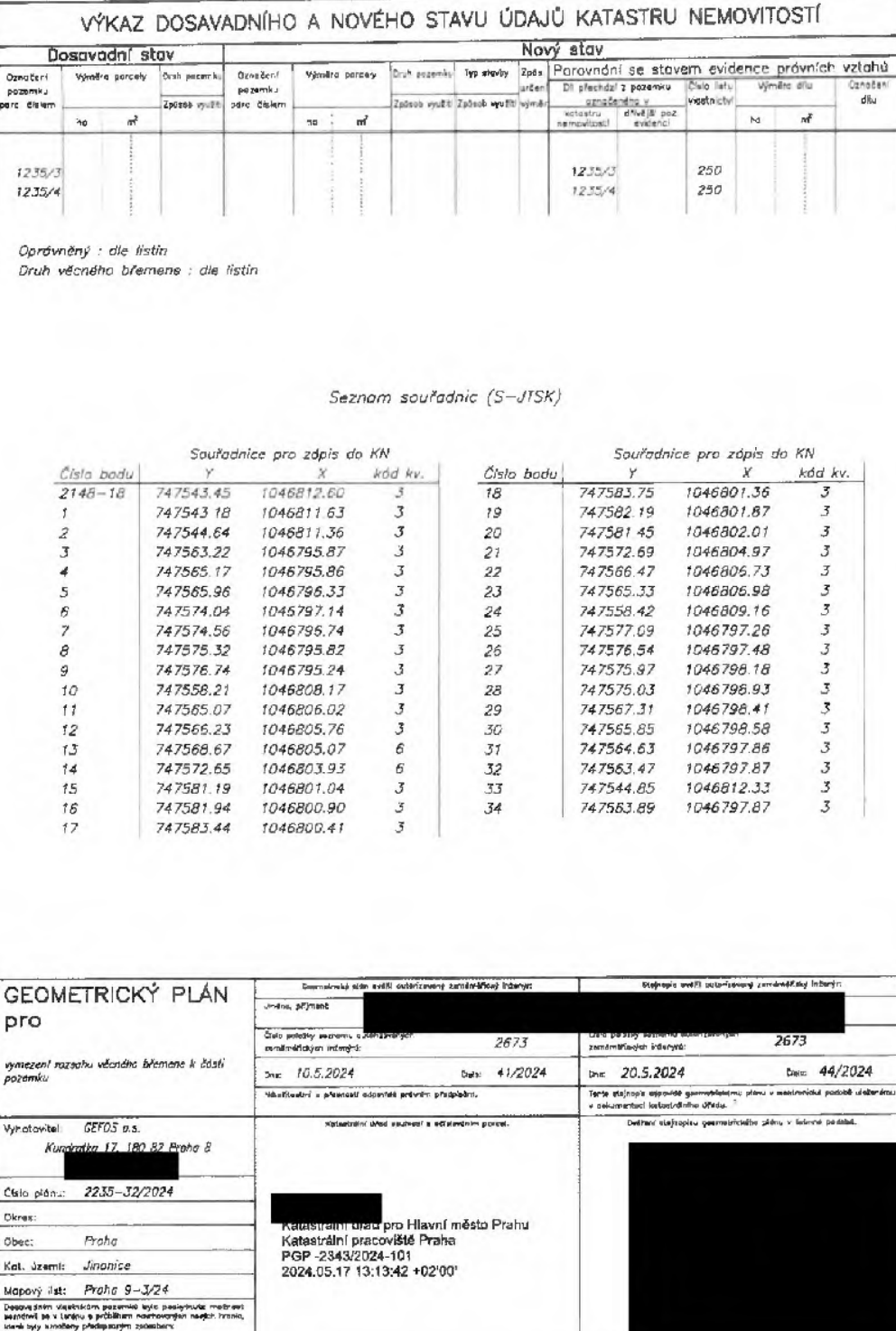 Geometrický plán pro vymezení rozsahu věcného břemene k části pozemků č. 1235/3 a 1235/4 v k.ú. Jinonice.