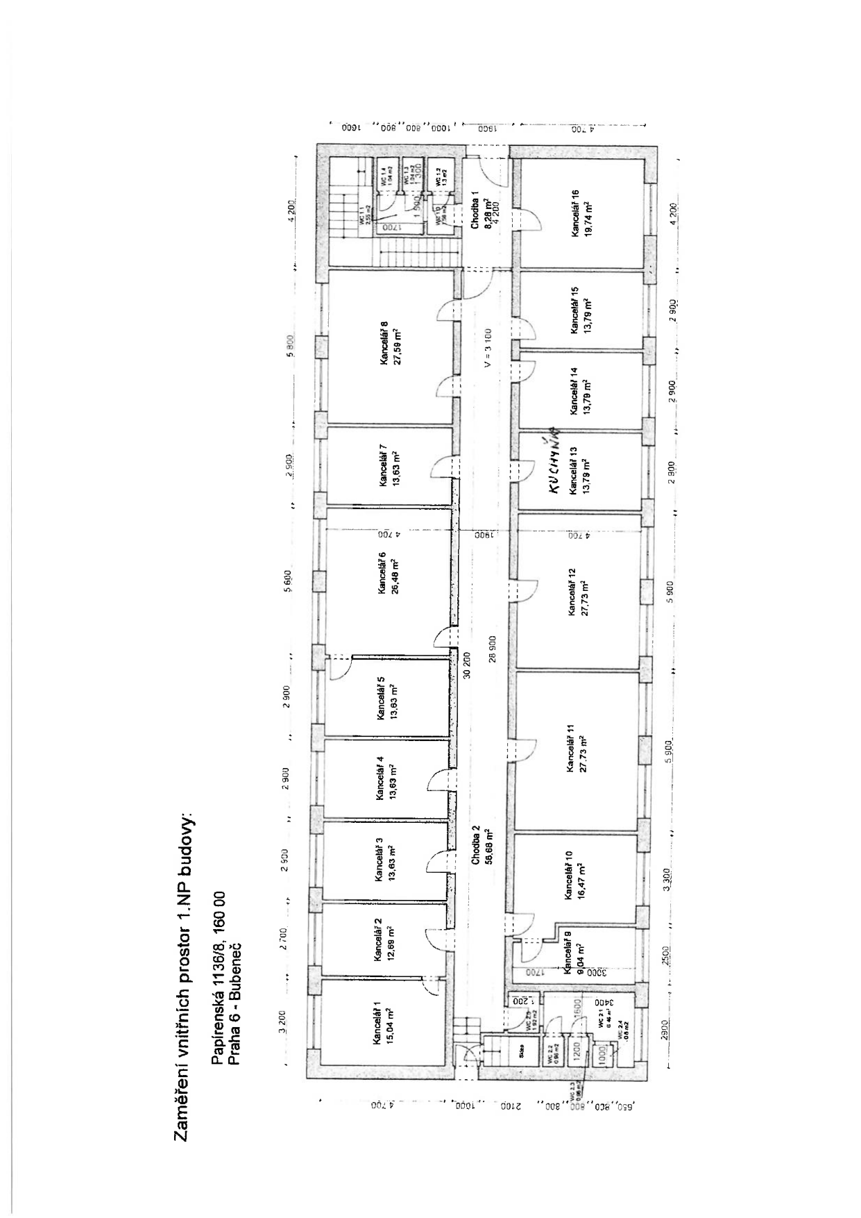 Půdorys 1. nadzemního podlaží budovy v ulici Papírenská 1138/8, Praha 6 - Bubeneč.