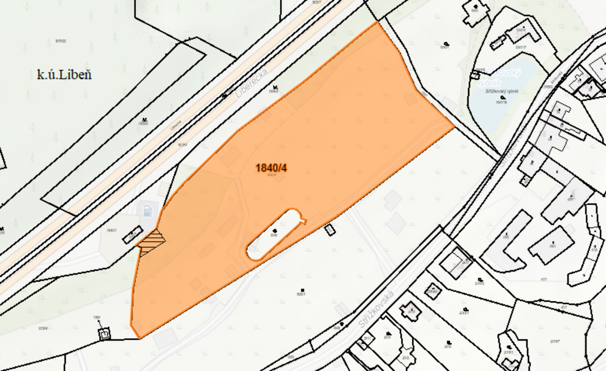 Katastrální mapa území s vyznačenou parcelou č. 1840/4 v k.ú. Libeň.