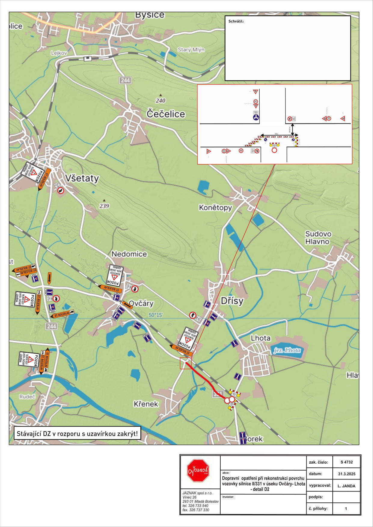 Situační nákres dopravního značení při rekonstrukci povrchu vozovky silnice III/331 v úseku Ovčáry-Lhota.