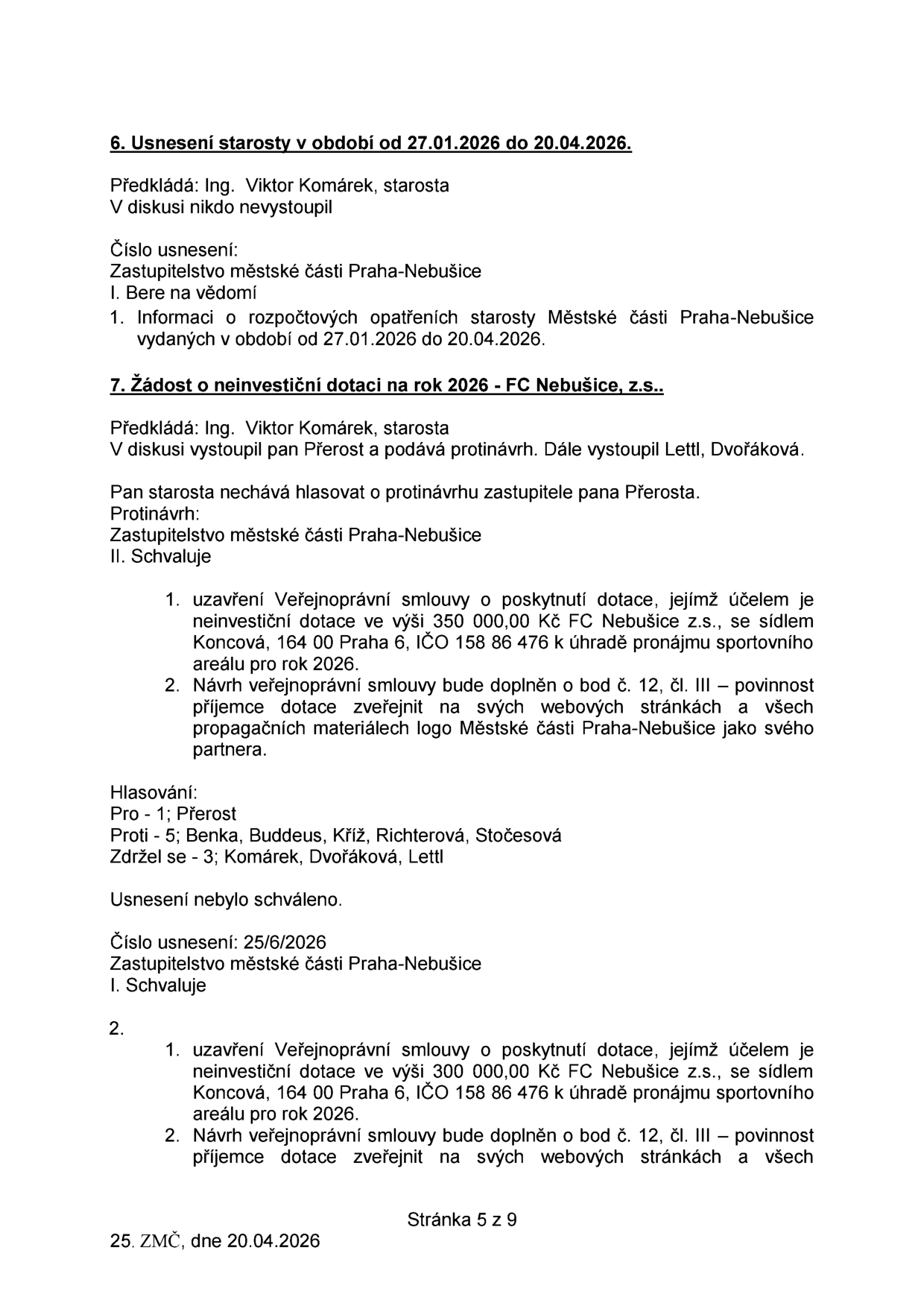 Zápis z jednání Zastupitelstva městské části Praha-Nebušice ze dne 20.04.2026 (strana 5 z 9). Obsahuje dva body: 6. Usnesení starosty v období od 27.01.2026 do 20.04.2026 (vzato na vědomí) a 7. Žádost o neinvestiční dotaci na rok 2026 pro FC Nebušice, z.s. (IČO 158 86 476). U bodu 7 je uveden neúspěšný protinávrh na dotaci 350 000 Kč (hlasování: 1 pro, 5 proti, 3 zdrželi se) a následné usnesení č. 25/6/2026 o schválení dotace ve výši 300 000 Kč na úhradu pronájmu sportovního areálu pro rok 2026, s podmínkou zveřejnění loga městské části na webu a propagačních materiálech příjemce.
