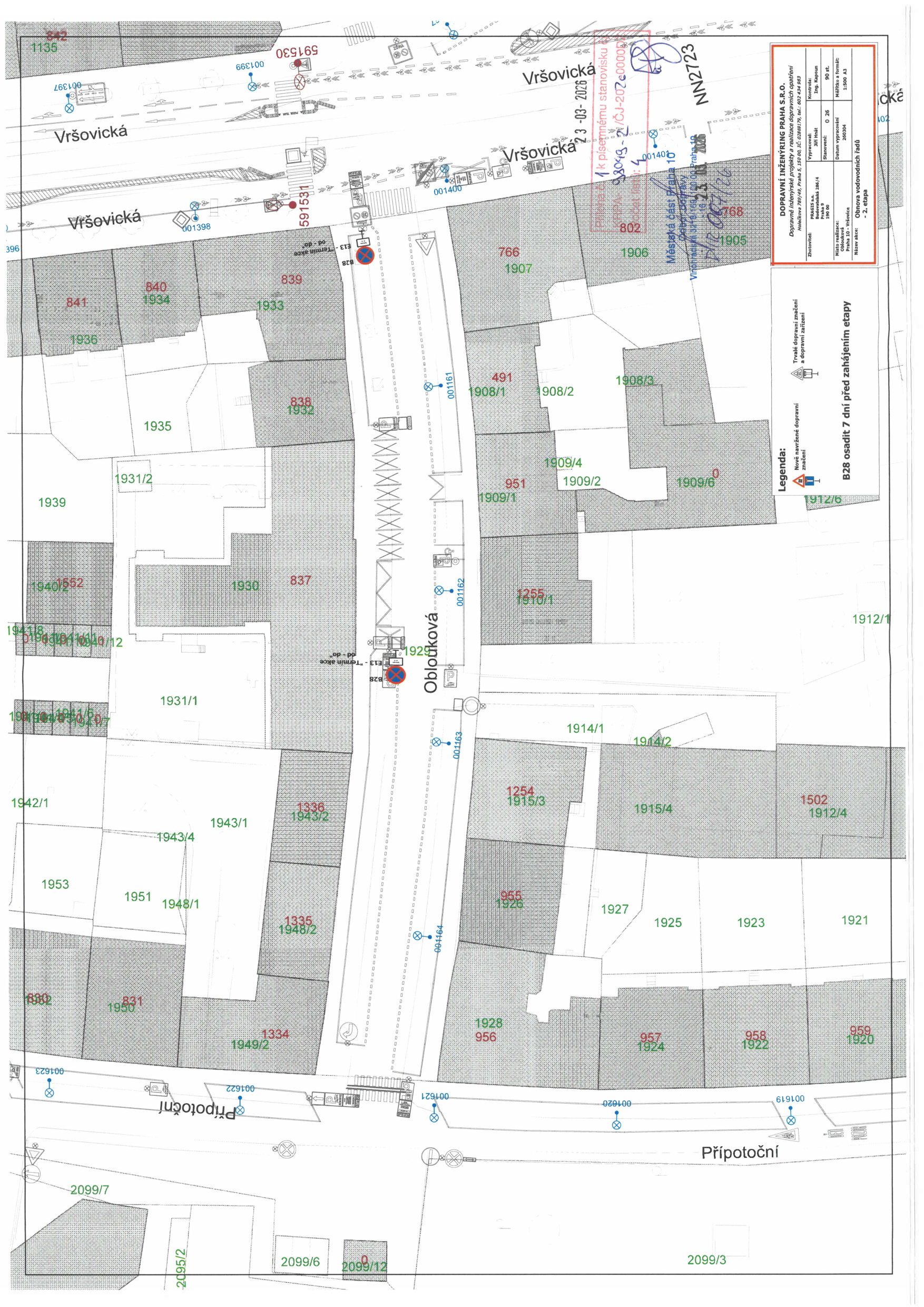 Koordinační situační výkres dopravního značení pro uzavírku ulice Oblouková.