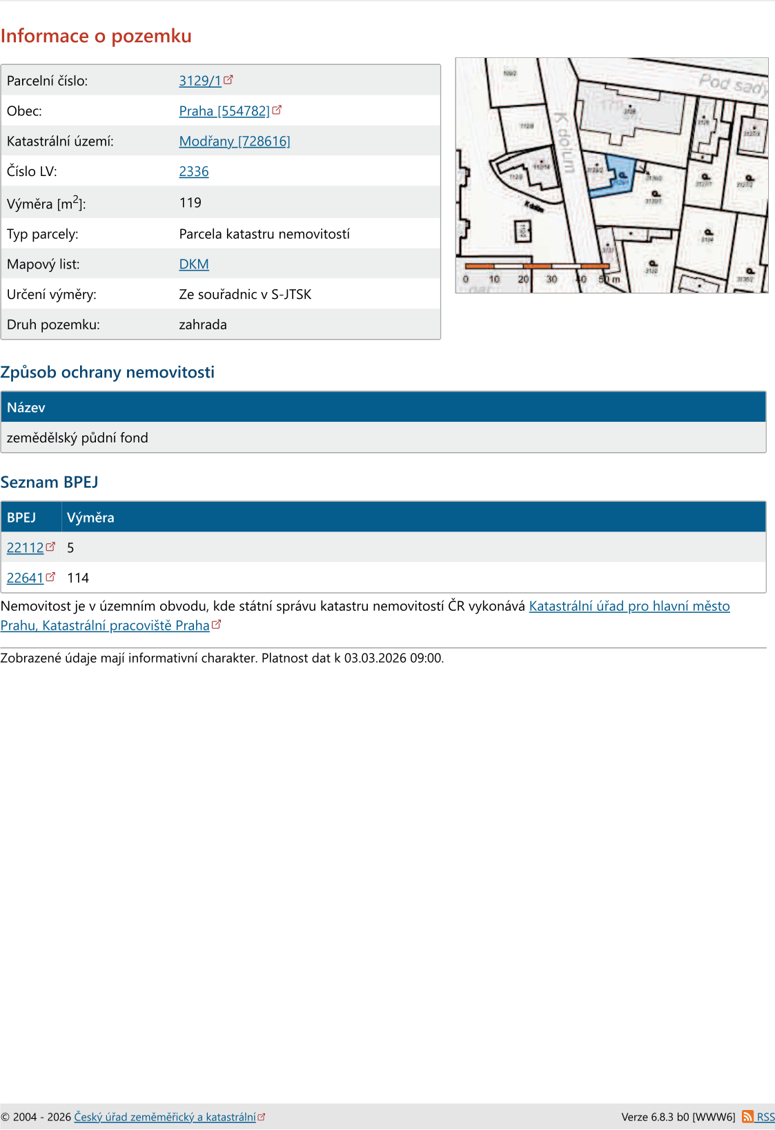 Informace o pozemku: Parcelní číslo 3129/1, Obec Praha (554782), Katastrální území Modřany (728616), Číslo LV 2336, Výměra 119 m², Typ parcely: Parcela katastru nemovitostí, Mapový list DKM, Určení výměry ze souřadnic v S-JTSK, Druh pozemku: zahrada. Způsob ochrany nemovitosti: zemědělský půdní fond. Seznam BPEJ: 22112 (výměra 5), 22641 (výměra 114). Nemovitost je v územním obvodu, kde státní správu katastru nemovitostí ČR vykonává Katastrální úřad pro hlavní město Prahu, Katastrální pracoviště Praha. Zobrazené údaje mají informativní charakter. Platnost dat k 03.03.2026 09:00.
