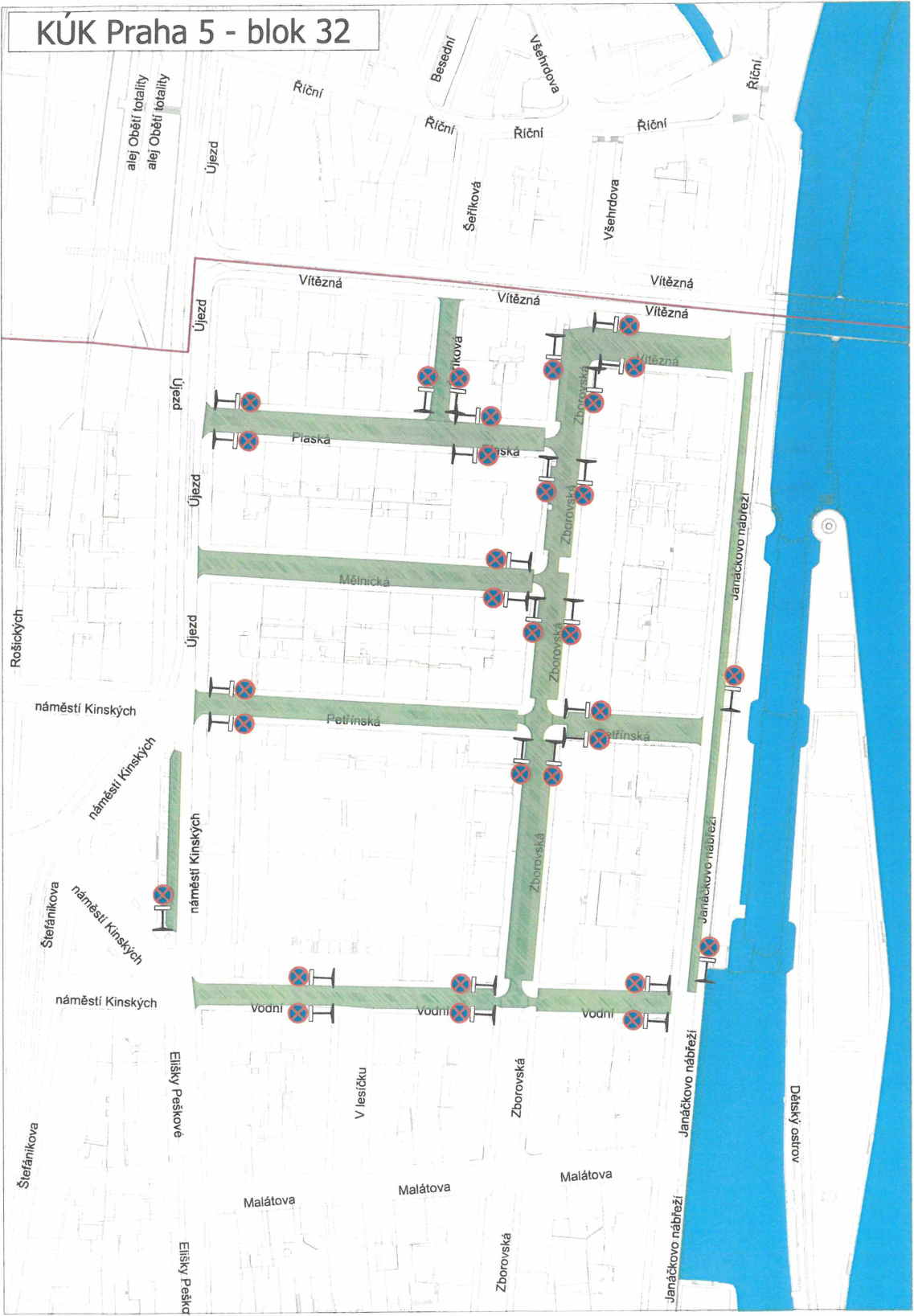 Situační mapa dopravního značení v bloku 32 v Praze 5.