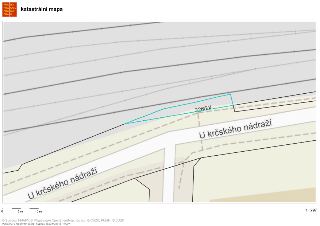 Katastrální mapa zobrazující parcelu č. 3265/4 v lokalitě ulice U krčského nádraží. Mapa obsahuje měřítko (0, 5m, 10m) a poměr 1:297. Uvedené zdroje: Spinbox T…