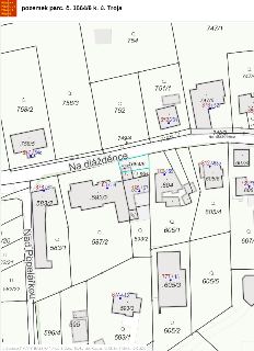 Pozemek parc. č. 1664/6 k. ú. Troja. Katastrální mapa zobrazující parcelu č. 1664/6 v katastrálním území Troja (vyznačenou modrým obrysem) a okolní parcely a u…