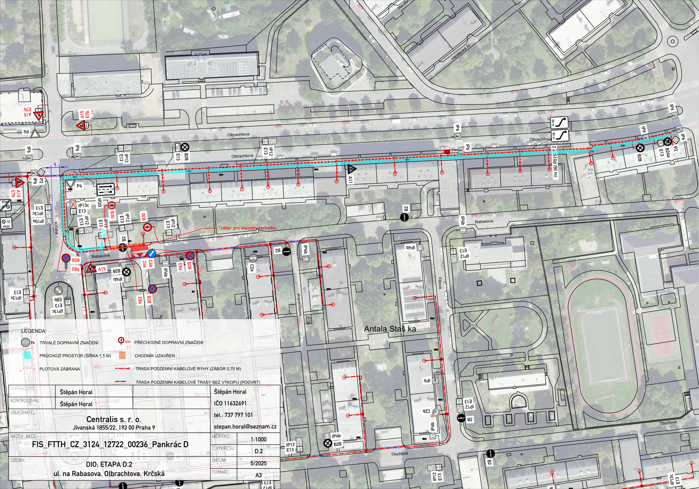Situační nákres trasy podzemního kabelového vedení v ulicích Rabasova a Olbrachtova.