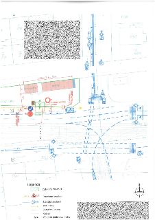 Situační nákres dopravního značení a záboru (stavby), včetně legendy. Zahrnuje popisy 'buňkoviště - 33m', 'kanceláře', 'sklady', 'WC', 'vjezd/výjezd vozidel',…