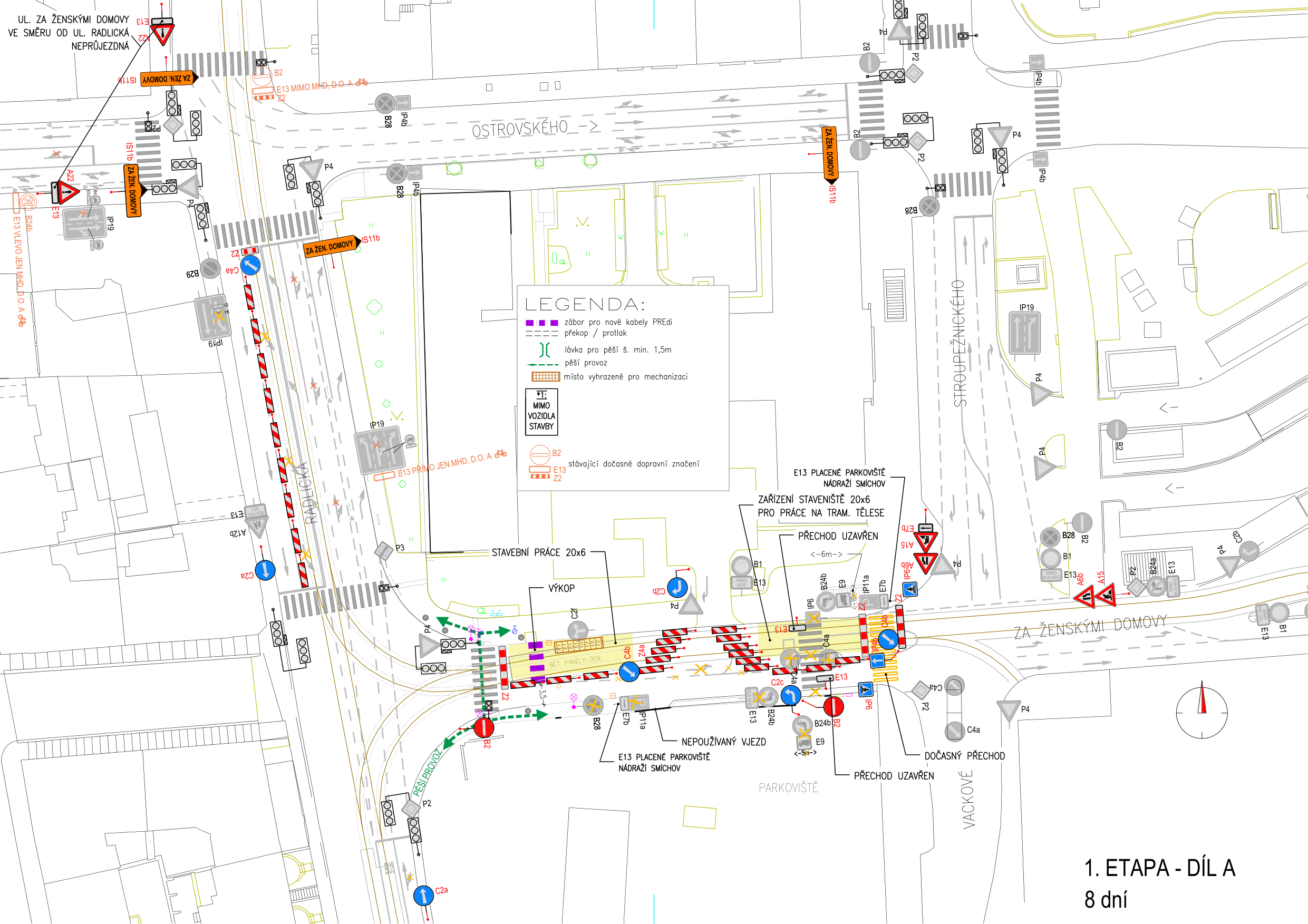 Koordinační situace dopravního značení a plán uzavírek pro stavební práce v ulici Za Ženskými domovy.