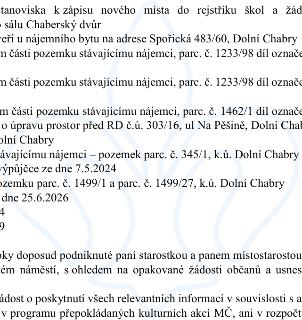 Výňatek z úředního dokumentu obsahující body jednání a žádosti: stanovisko k zápisu nového místa do rejstříku škol a žádost o sál Chaberský dvůr; pronájem náje…