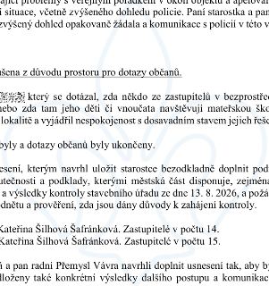 Naskenovaná stránka textového dokumentu (zápis z jednání zastupitelstva): obsahující informace o řešení problémů s veřejným pořádkem v okolí objektu, žádostech…
