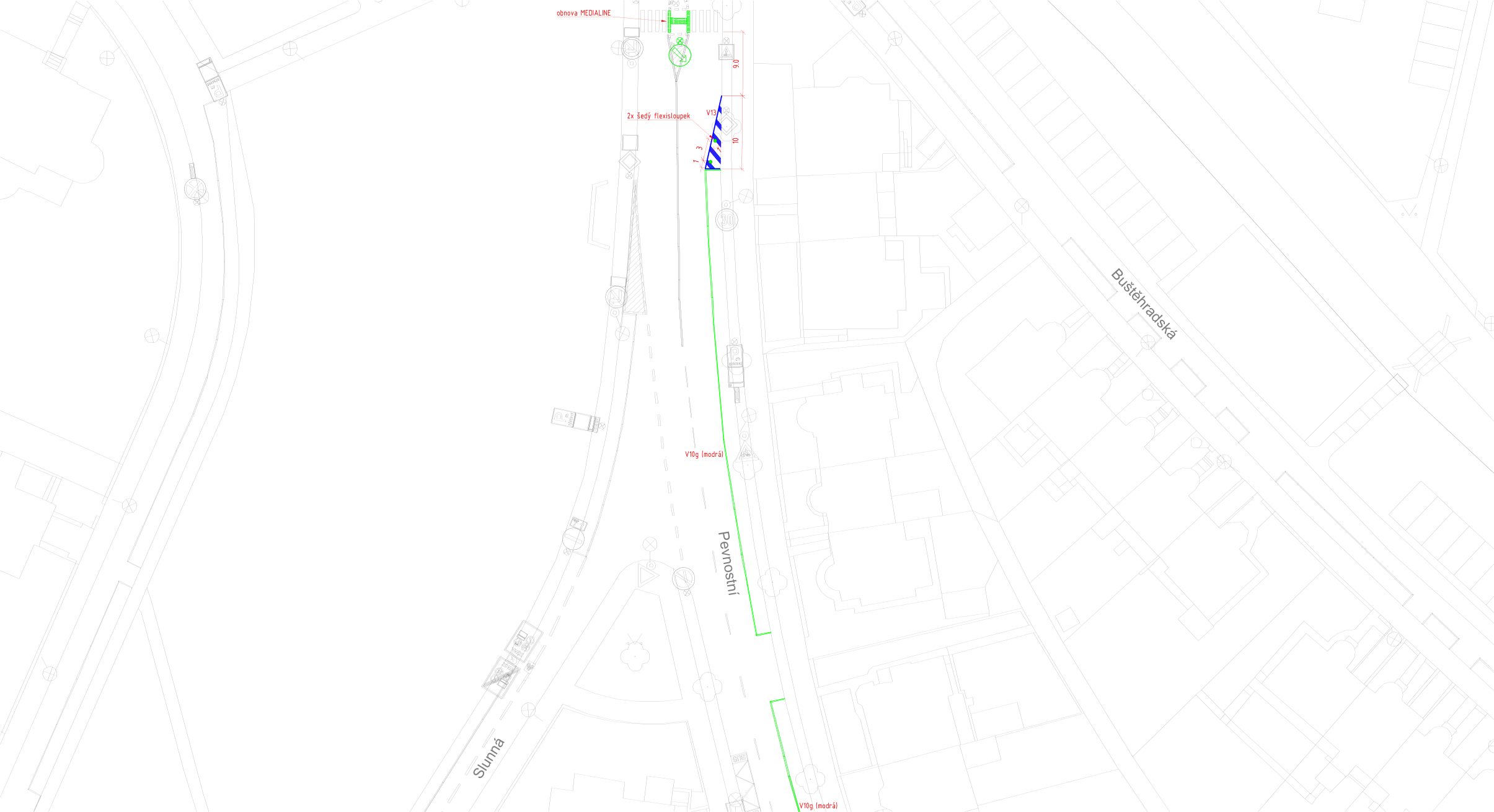 Koordinační situační výkres dopravního značení v ulicích Pevnostní a Slunná.