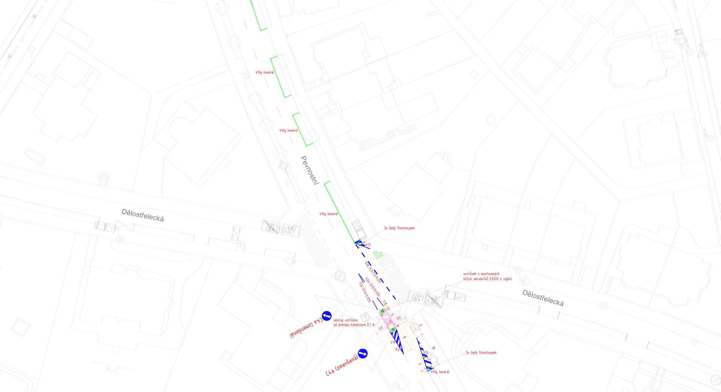Koordinační výkres dopravního značení v ulicích Pevnostní a Dělostřelecká.