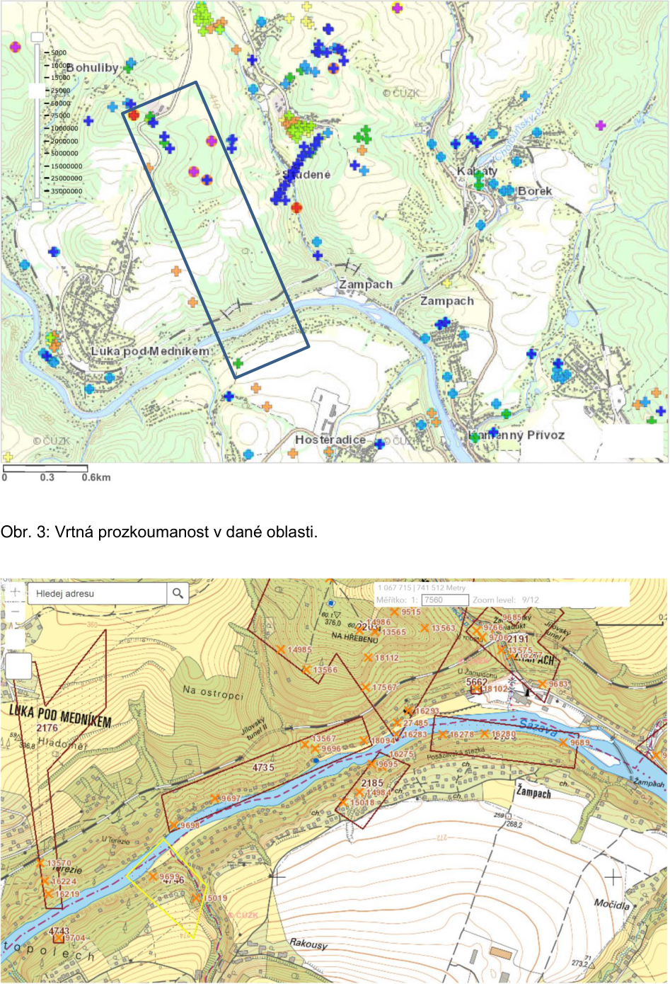 Obrázek obsahuje dvě mapy znázorňující geologickou a katastrální situaci v oblasti obcí Bohuliby, Luka pod Medníkem, Zampach a Kamenný Přívoz. Horní mapa (Obr. 3: Vrtná prozkoumanost v dané oblasti) zobrazuje hustotu vrtů pomocí barevných symbolů křížků a koleček s legendou hodnot (5000 až 3500000). Dolní mapa je katastrální mapa s vyznačenými parcelami, čísly pozemků (např. 2176, 4735, 2185, 15018, 14984, 16275, 16278, 18094, 13567, 9696, 9697, 9698, 13570, 16224, 16219, 4743, 9704, 15019, 14985, 13566, 17567, 18112, 13565, 14986, 9515, 9685, 9706, 2191, 13575, 9683, 5662, 18102, 16293, 27485, 16283, 16289, 9689) a názvy lokalit (Luka pod Medníkem, Na ostropci, Jílovský tunel II, Na hřebenu, U Zápachu, Žampach, Rakousy, Močidla). V mapě je patrná řeka Sázava a železniční trať.