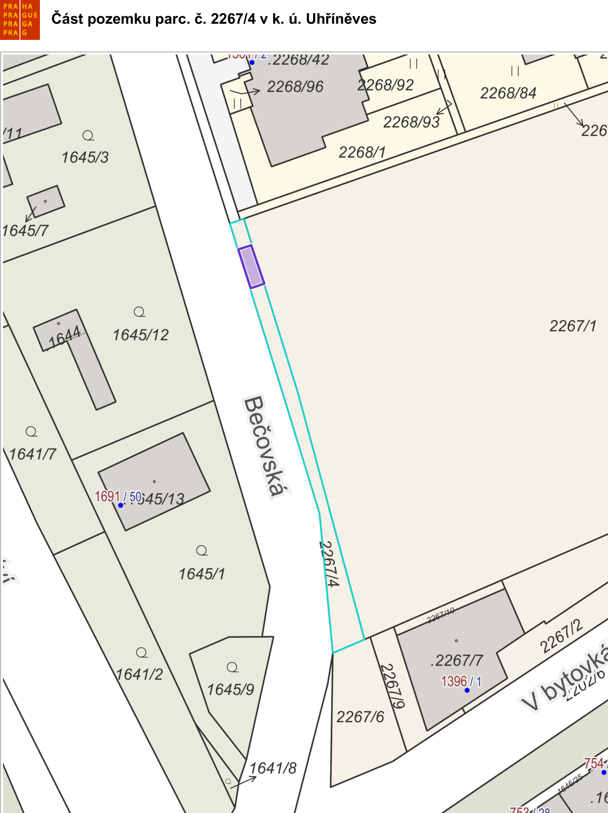 Katastrální mapa zobrazující část pozemku parc. č. 2267/4 v k.ú. Uhříněves.