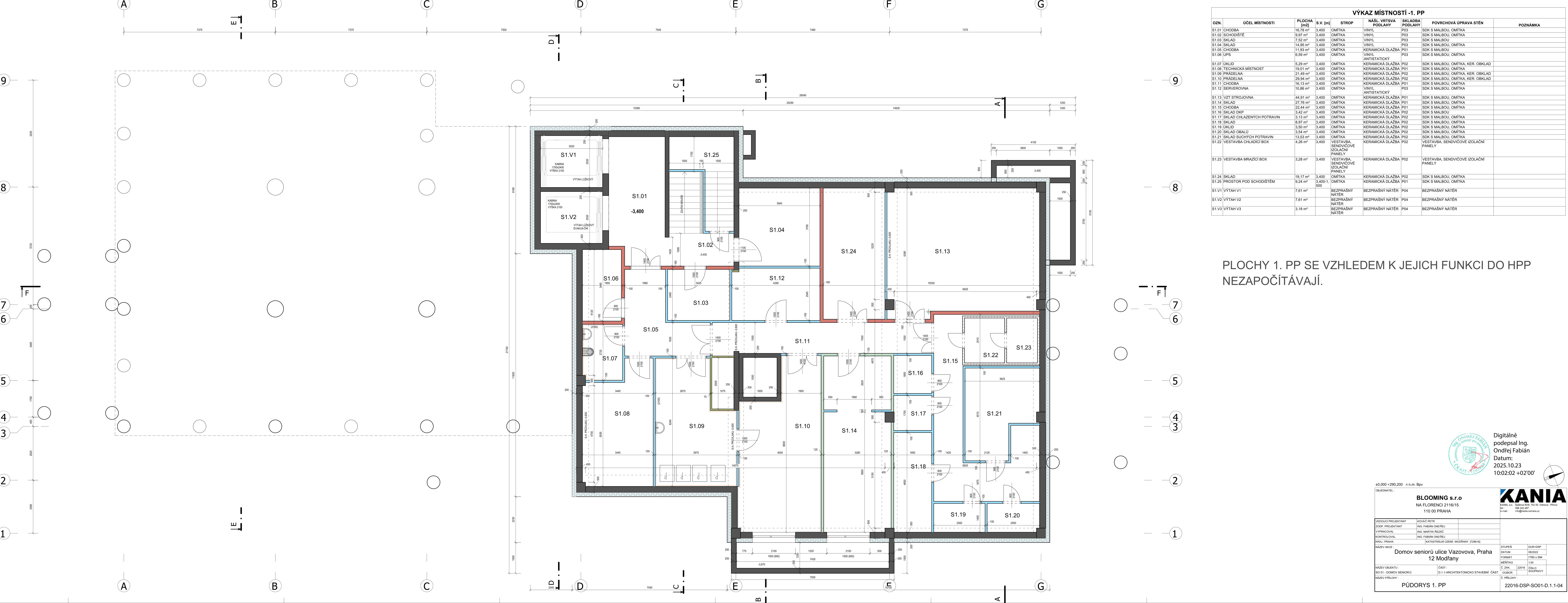 Půdorys 1. podzemního podlaží objektu Domov seniorů ulice Vlasákova, Praha 12 Modřany.