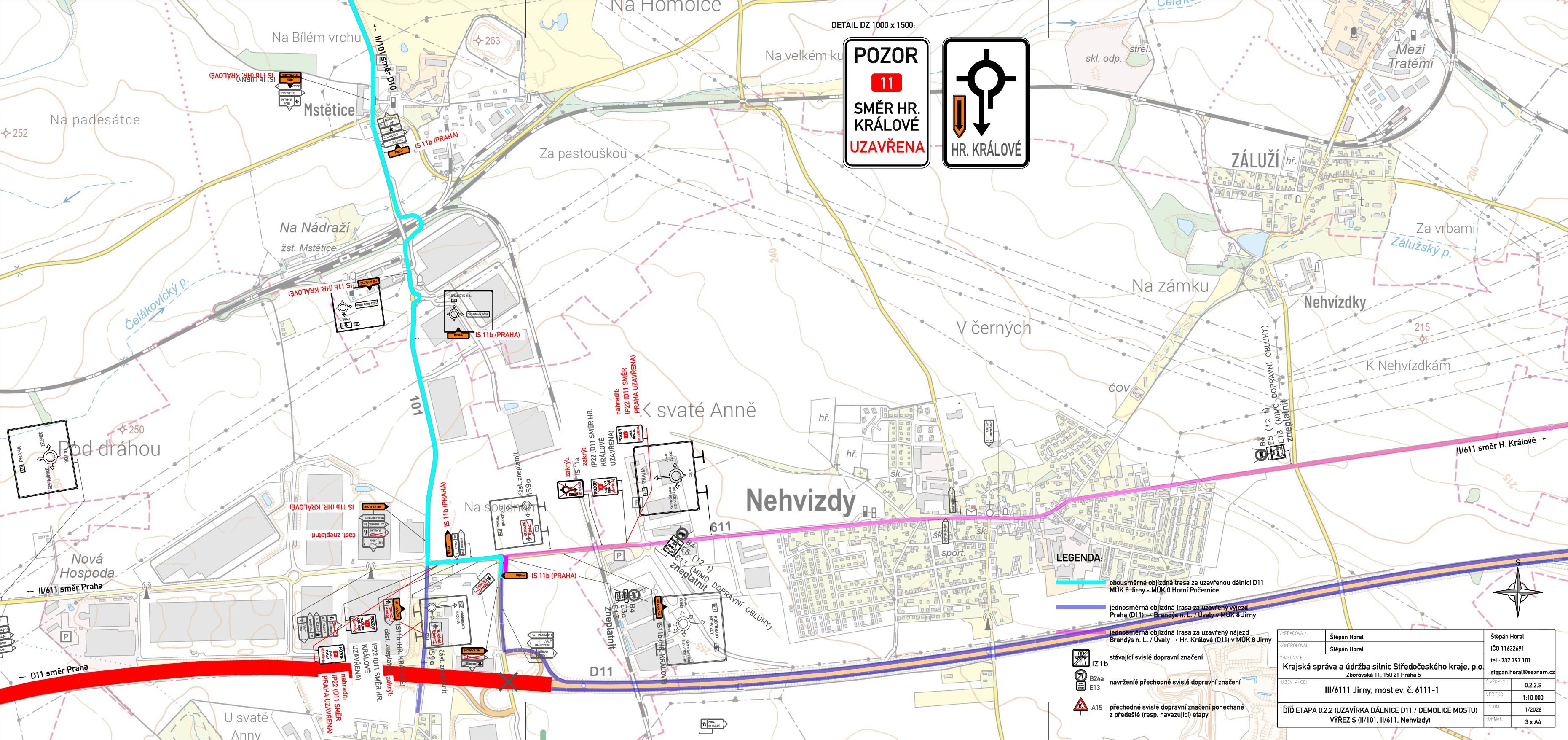 Situační nákres dopravního značení a objízdných tras v souvislosti s uzavírkou dálnice D11 u Nehvizd.