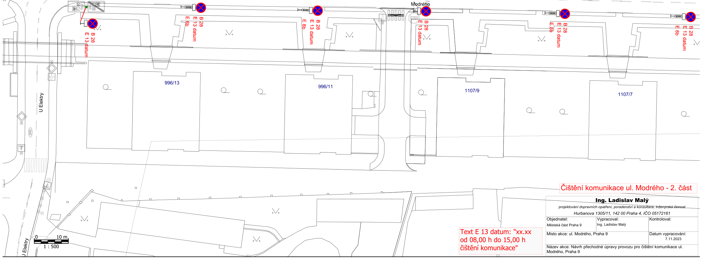 Situační nákres dopravního značení pro čištění komunikace v ulici Modrého.