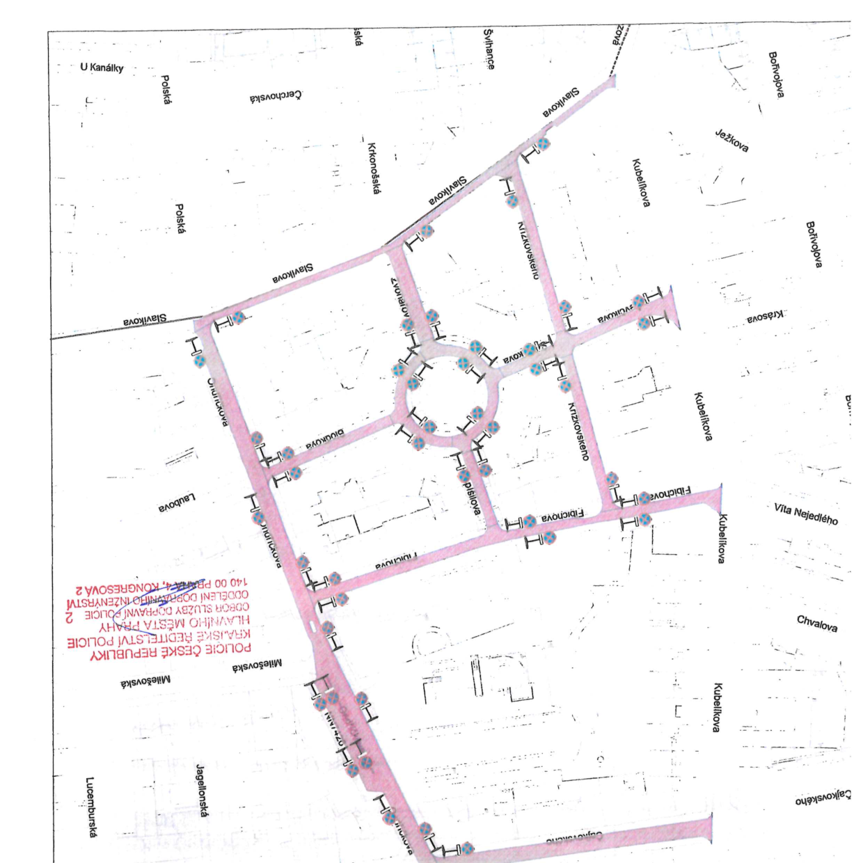 Dopravně-inženýrské schéma značení v oblasti ulic Slavikova, Fibichova a okolí.