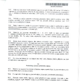 Výňatek ze smlouvy o nájmu: V.2. Nájemné 17.336,- Kč měsíčně, splatné do 10. dne měsíce na účet č. 349026-5157998/6000 (PPF banka), variabilní symbol 1505. V.3…