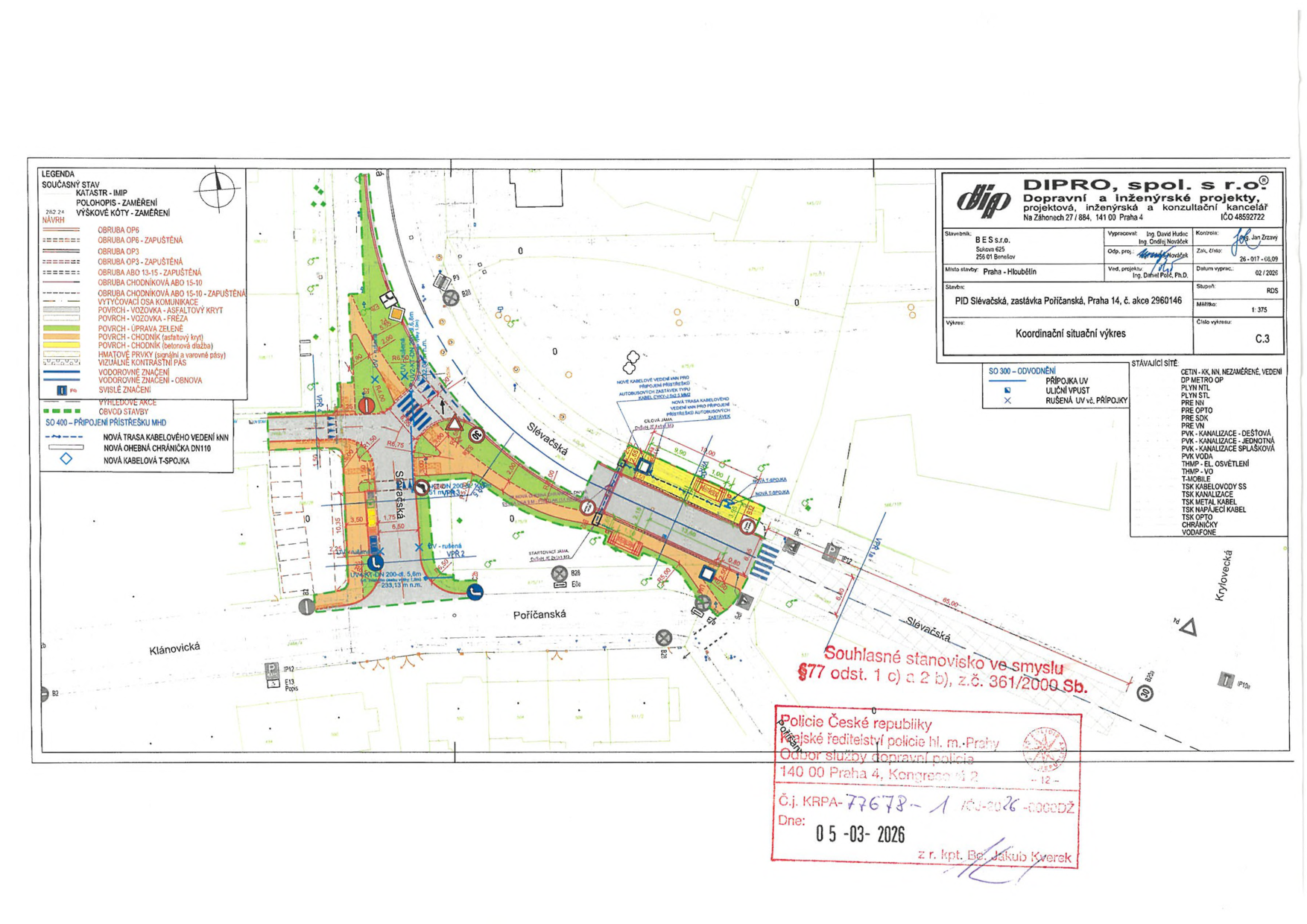 Koordinační situační výkres stavby zastávky PID Slévačská v Praze 14.