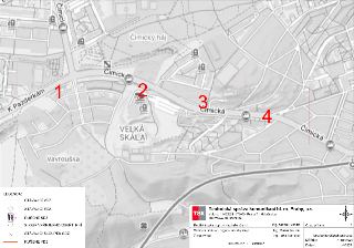 Situační nákres úpravy dopravního značení (DZ) na ulici Čimická v Praze. Mapa obsahuje vyznačené úseky 1 až 4. Legenda: STÁVAJÍCÍ VDZ, STÁVAJÍCÍ SDZ, RUŠENÉ SD…