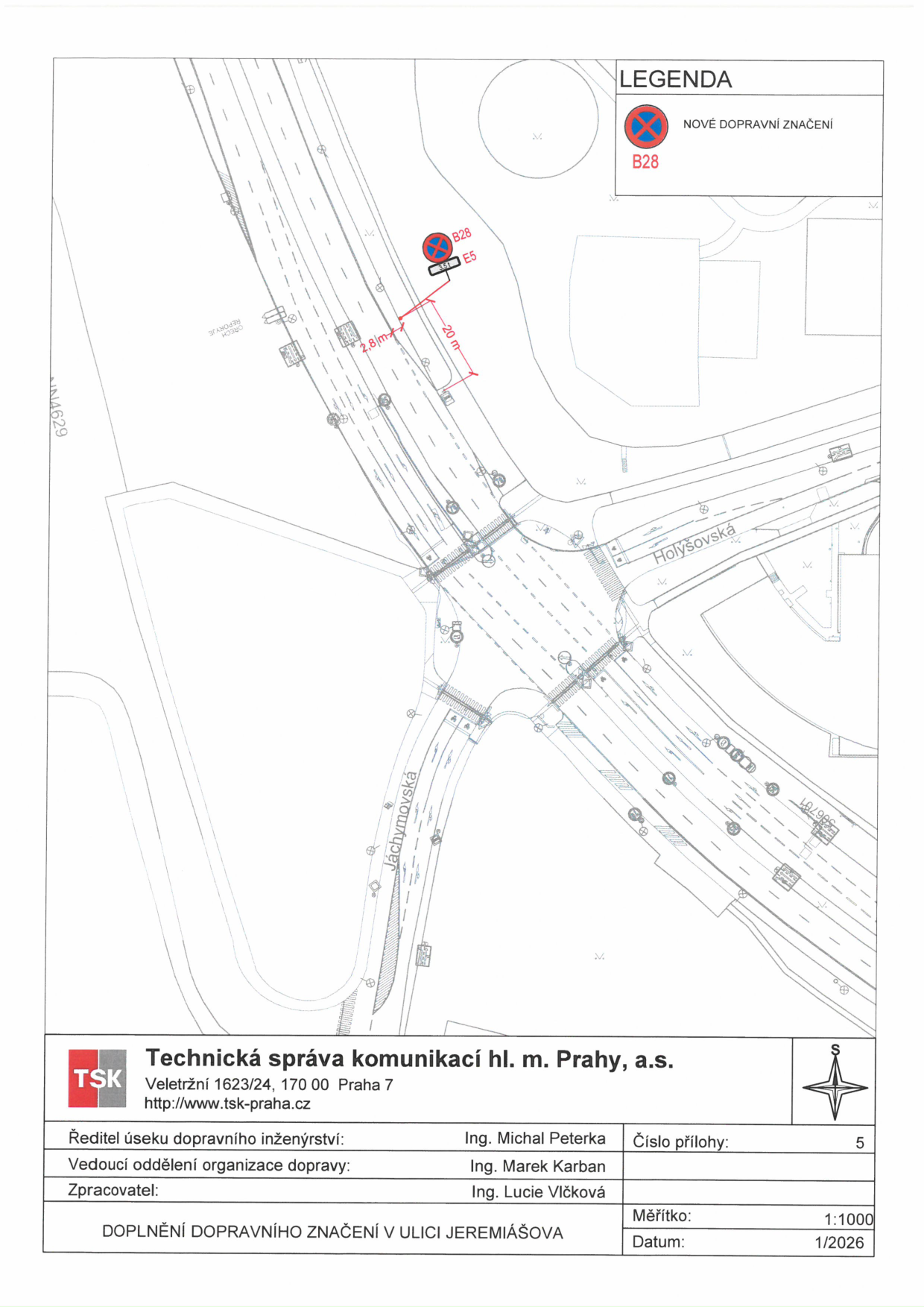 Situační nákres dopravního značení v ulici Jeremiášova.
