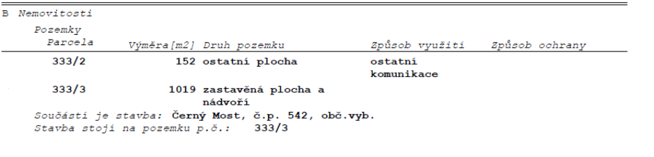 Výpis z katastru nemovitostí obsahující parcely 333/2 a 333/3 se stavbou č.p. 542.